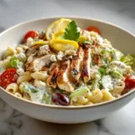 TikTok tzatziki chicken pasta salad with yogurt dressing and fresh vegetables