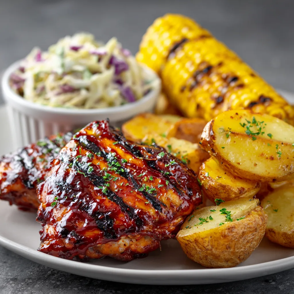 Easy BBQ grilled chicken dinner with roasted potatoes and corn on the cob