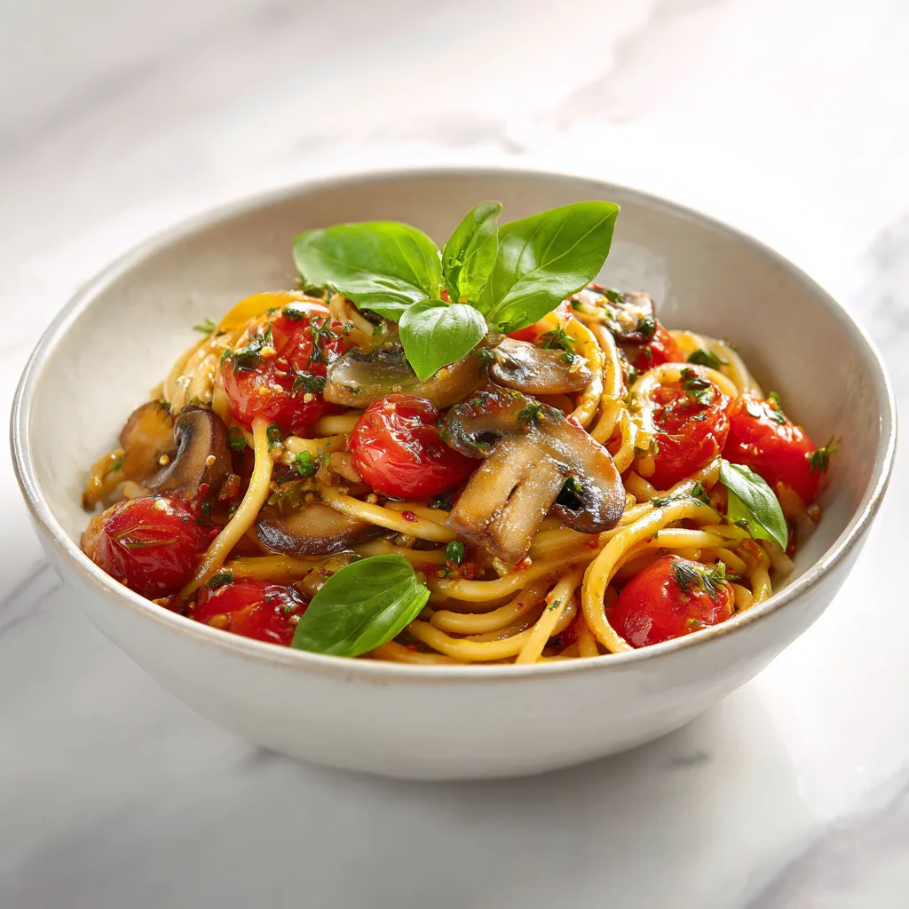 Tomato Basil Pasta with Mushrooms and Garlic Herb Sauce