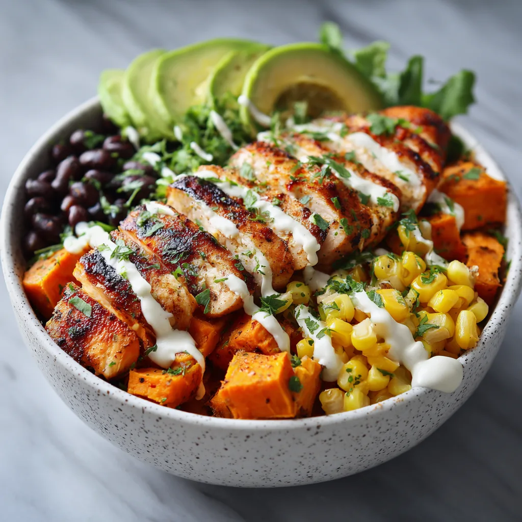 BBQ Chicken Sweet Potato Bowl with Chipotle Sauce - Spicy High Protein Meal