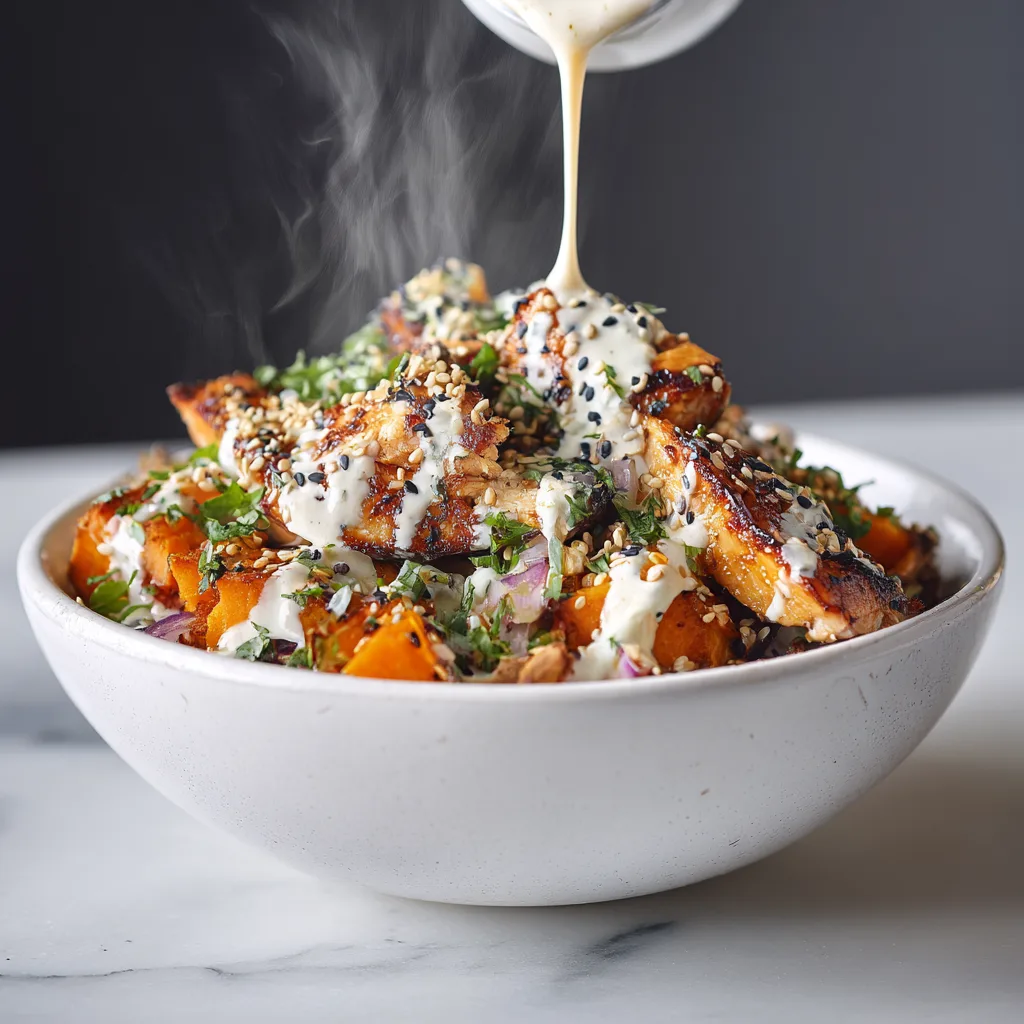 BBQ Chicken Sweet Potato Bowl with Sesame Dressing - Fresh Healthy Bowl Recipe