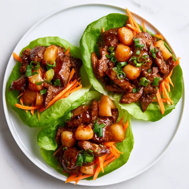Ginger Beef Lettuce Wraps with Water Chestnuts and Carrot Slaw