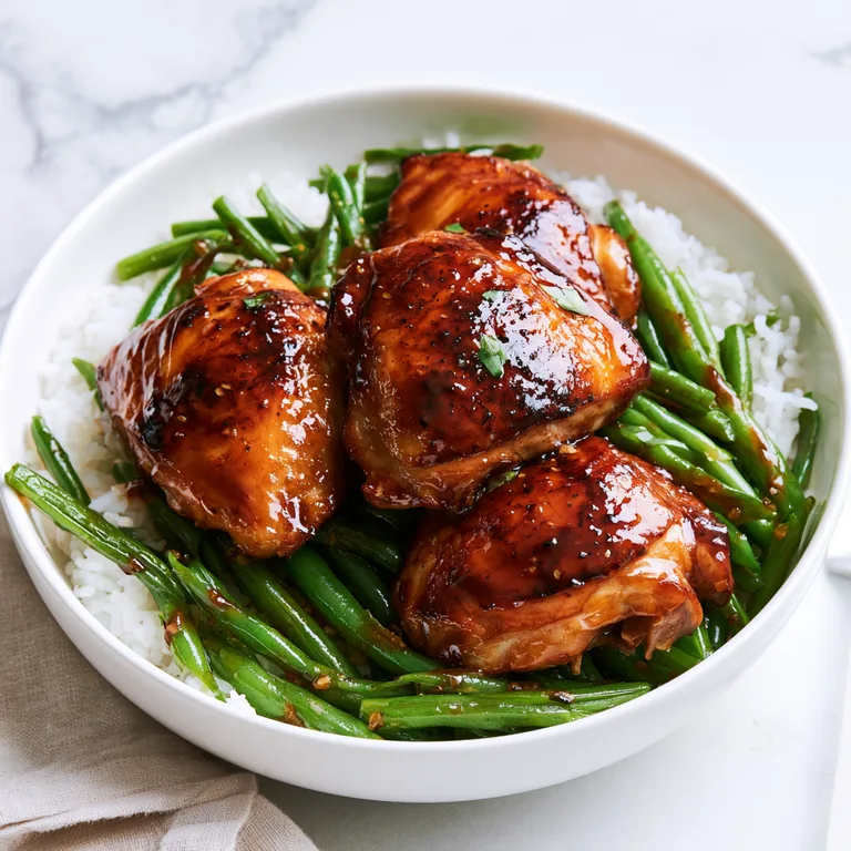 Sticky Ginger Chicken Bowls with Green Beans and Jasmine Rice