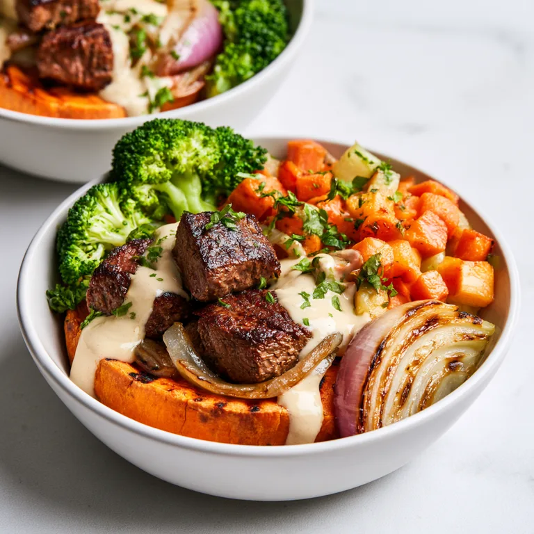 Sweet Potato Burger Bowls with Caramelized Onions and Tahini